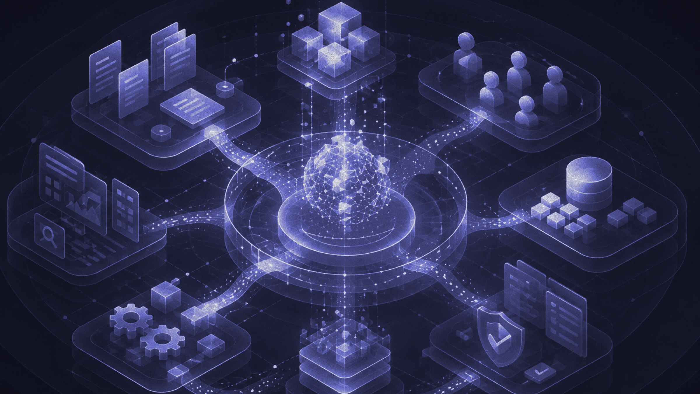 Stylized illustration of a glowing neural network hub rising above a grid of abstract city blocks, representing an AI agent operating inside a structured enterprise environment.
