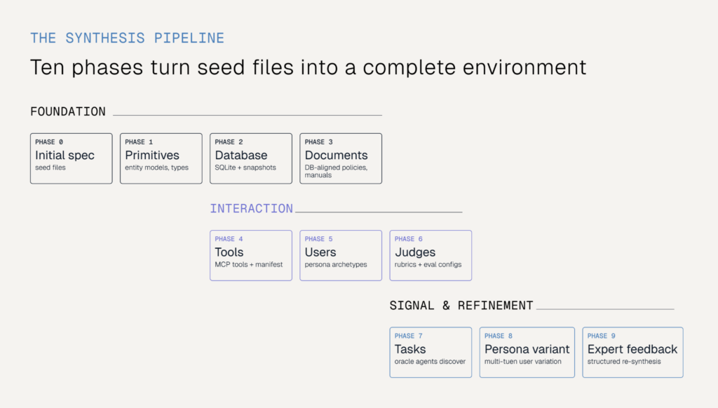 Diagram of ten synthesis pipeline phases grouped into three blocks: Foundation (Phase 0 Initial spec, Phase 1 Primitives, Phase 2 Database, Phase 3 Documents), Interaction (Phase 4 Tools, Phase 5 Users, Phase 6 Judges), and Signal & Refinement (Phase 7 Tasks, Phase 8 Persona variant, Phase 9 Expert feedback).